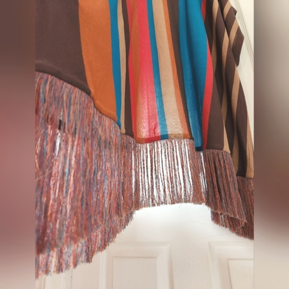 HAUTE HIPPIE Desert Stripes Western Turq Coral Midi Fringe Tunic Kimono Vest OS - Picture 11 of 16
